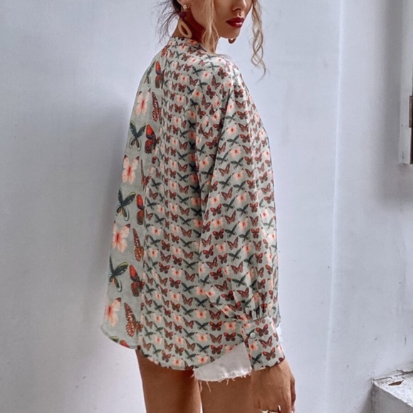 boho Sage butterfly Print button up blouse Boyfriend - Picture 5 of 5